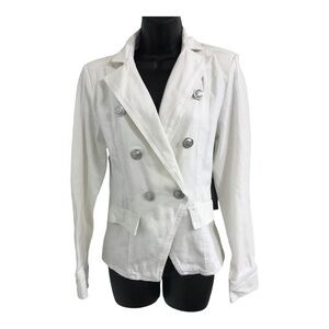 White stretch denim double breasted military style jean‎ jacket size medium new